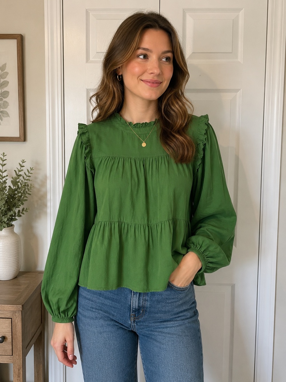 Emerald Green Ruffle-Yoke  Long Sleeve Peasant Blouse Boho